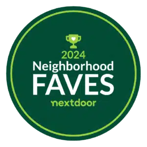 cleaning service A green circular badge with a trophy icon, reading 2024 Neighborhood Faves nextdoor in white and yellow text, awarded to the best local cleaning company.