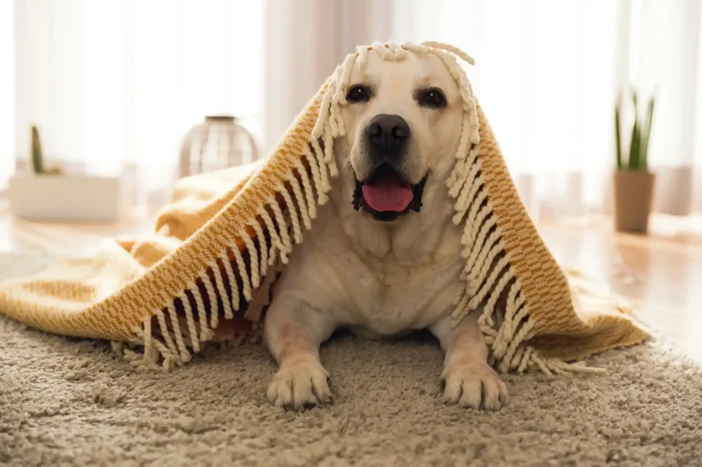 Dog resting under a blanket on a clean carpet in a pet-friendly home in Austin