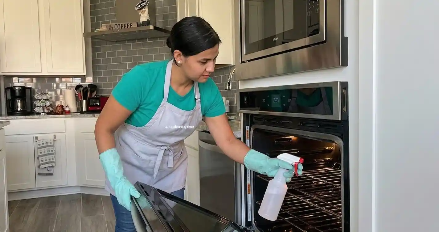 House cleaner spraying and cleaning inside oven in a residential kitchen in Round Rock