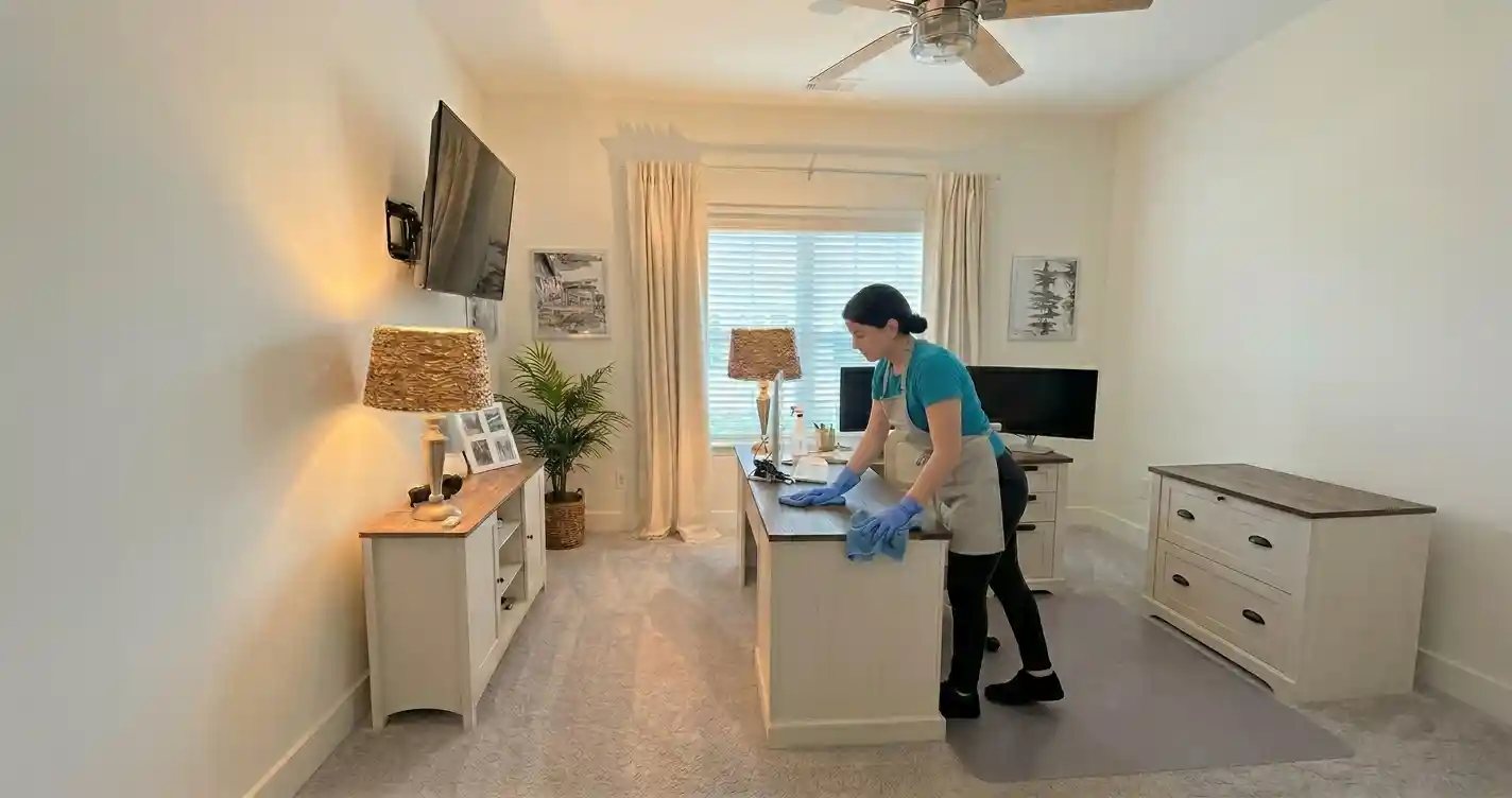 House cleaner wiping a dresser in a clean residential bedroom in Austin