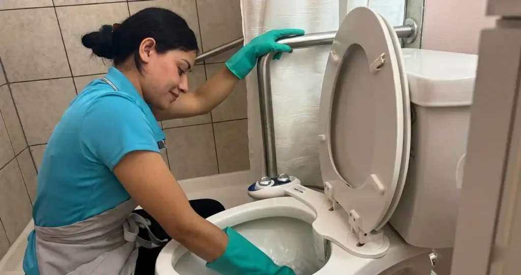 House cleaner scrubbing a toilet in a residential bathroom in Austin
