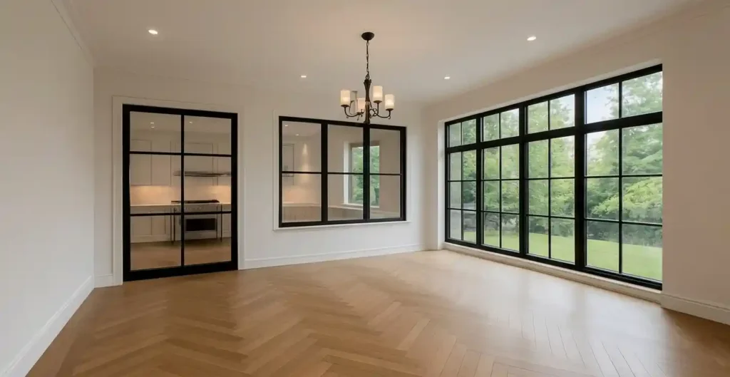 Clean empty living room with large windows in a move-in ready home in Austin