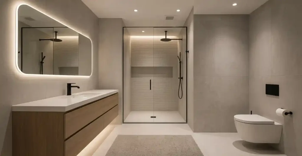 Clean modern bathroom with glass shower and vanity in a residential home in Austin