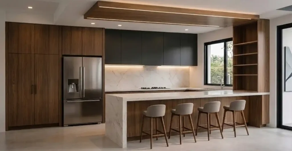 Clean modern kitchen with island and bar stools in a residential home in Austin