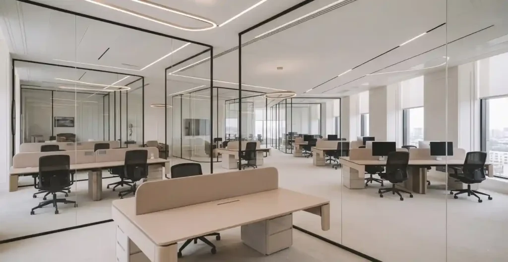 Clean modern office workspace with desks and glass walls in Austin