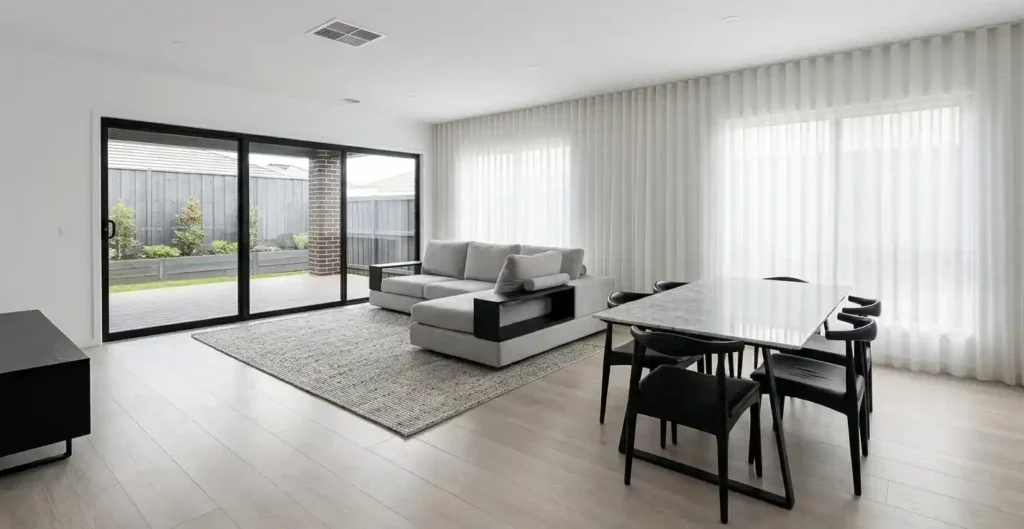 Clean open living and dining room with rug and large windows in Austin