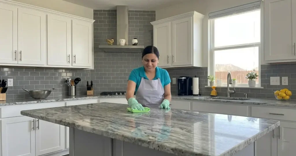 House cleaner wiping a kitchen island in a bright modern home in Austin