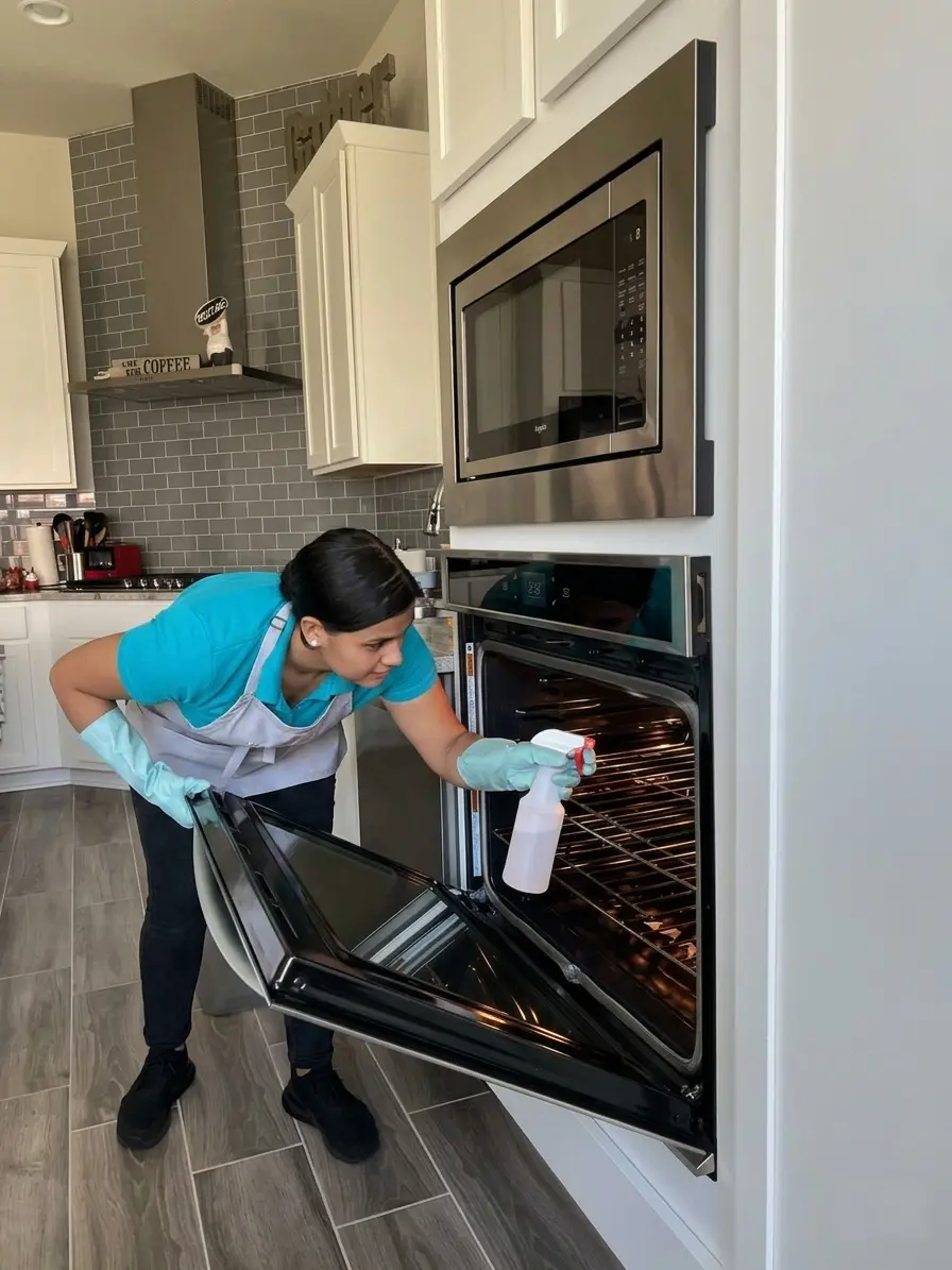House cleaner spraying inside oven in a modern kitchen in Austin TX
