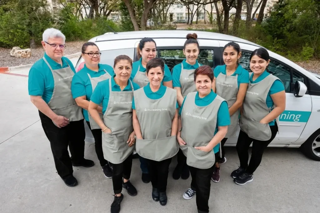 Professional house cleaning team standing in front of company vehicle in Austin TX