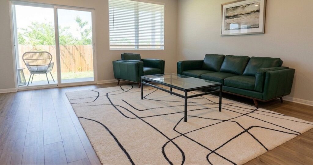 Before and after living room cleaning service in Austin TX with clean carpet and furniture