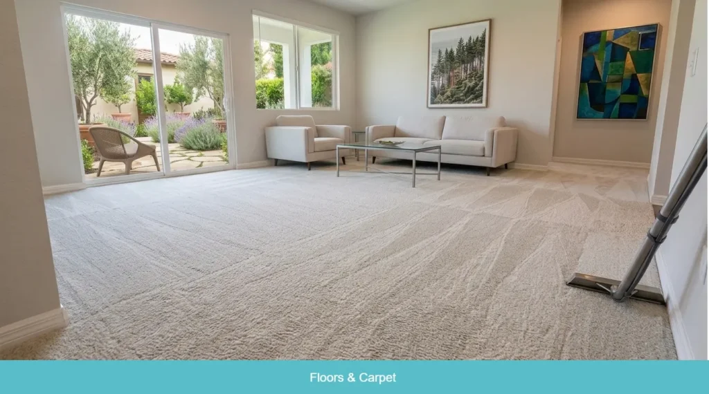 professional carpet cleaning with fresh lines in modern living room in Austin TX