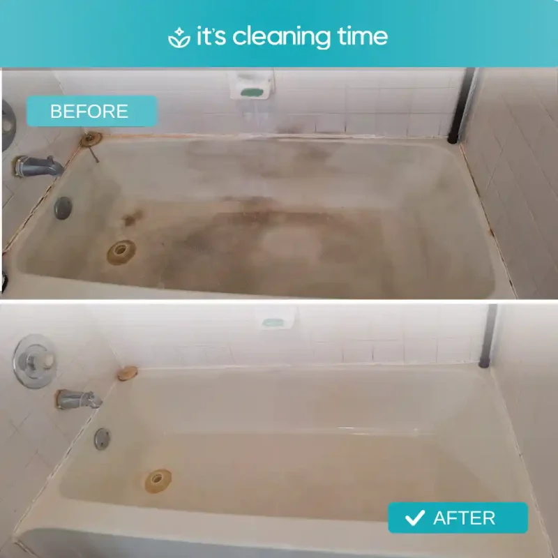 Before and after bathtub showing deep cleaning results in a residential bathroom in Austin