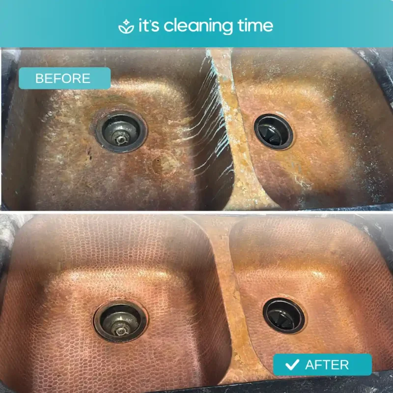Before and after copper sink showing deep cleaning results in a residential kitchen in Austin