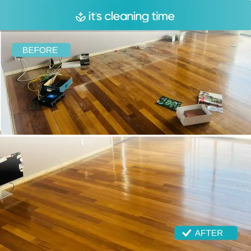 Before and after hardwood floors showing decluttering and deep cleaning results in a residential home in Austin
