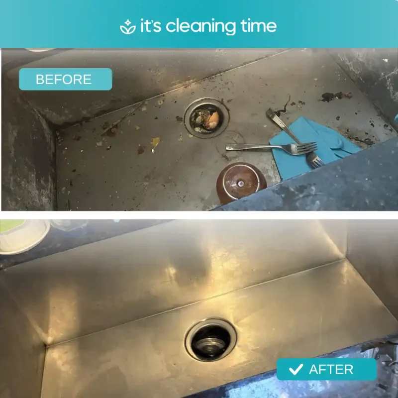 Before and after kitchen sink showing deep cleaning results in a residential home in Austin