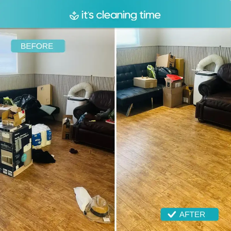 Before and after living room showing decluttering and cleaning results in a residential home in Austin