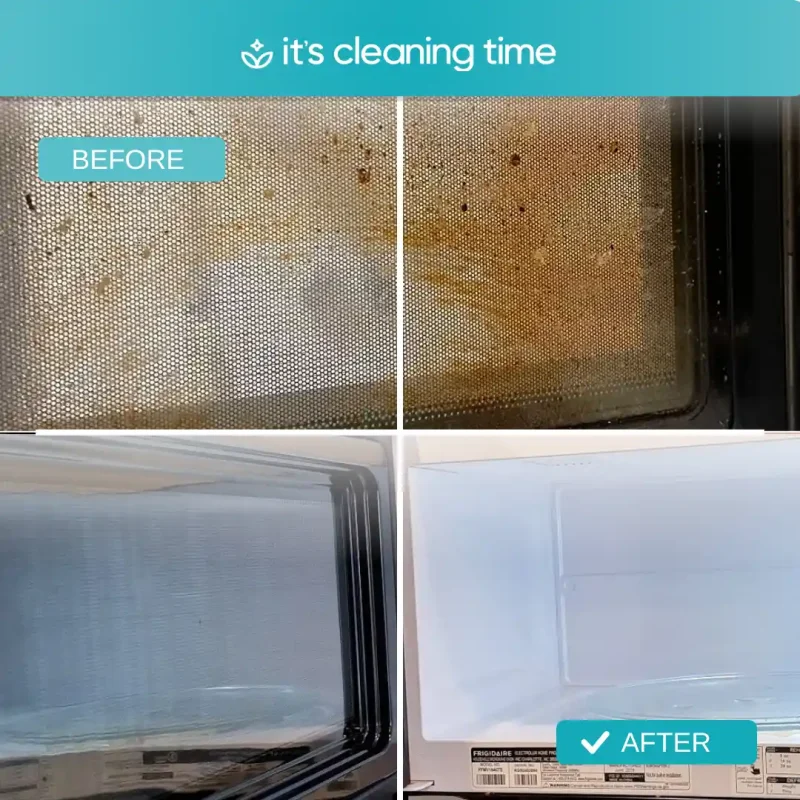 Before and after microwave showing deep cleaning results in a residential kitchen in Austin