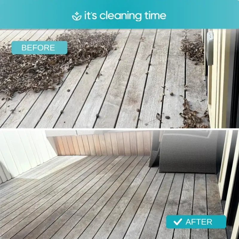 Before and after outdoor deck showing debris removal and cleaning results at a residential home in Austin