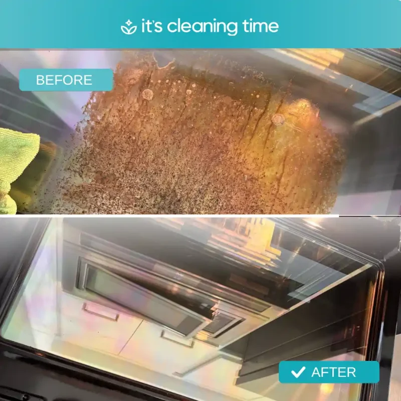 Before and after oven door glass showing deep cleaning results in a residential kitchen in Austin