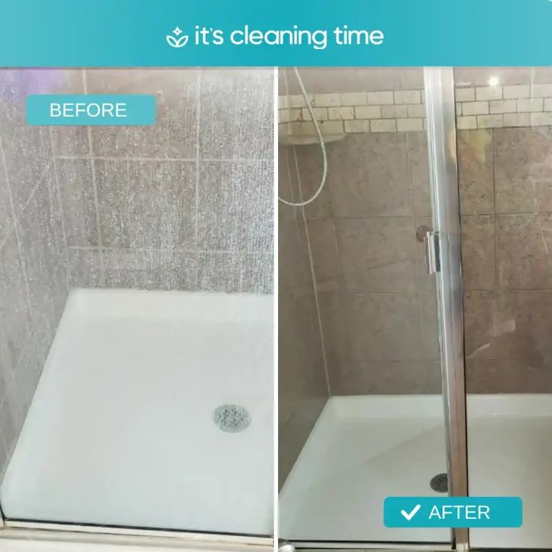 Before and after shower glass showing deep cleaning results in a residential bathroom in Austin