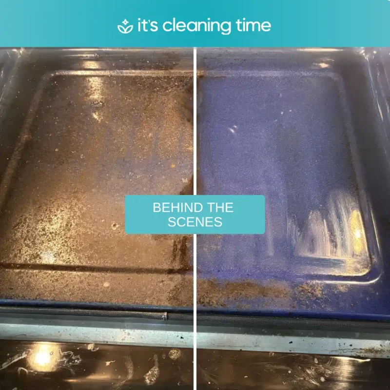 Behind-the-scenes oven tray showing deep cleaning progress in a residential kitchen in Austin