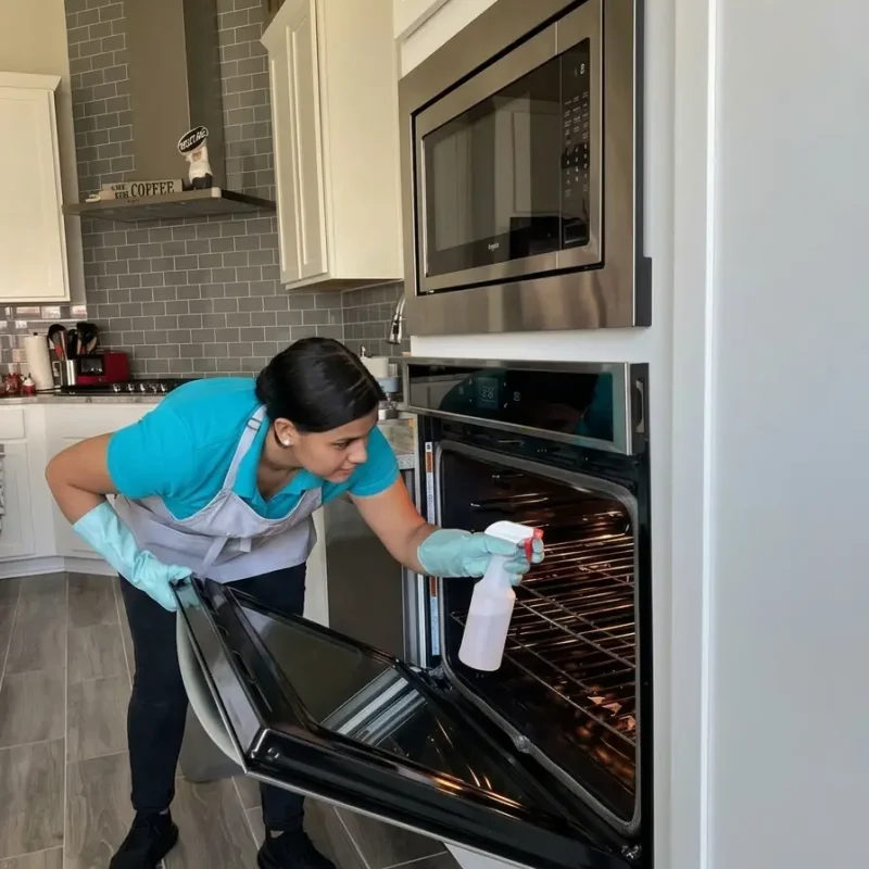 House cleaner spraying inside oven in a modern kitchen in Austin TX