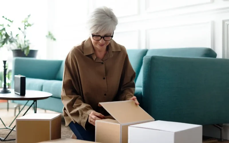 Woman opening a moving box in a clean living room in Austin