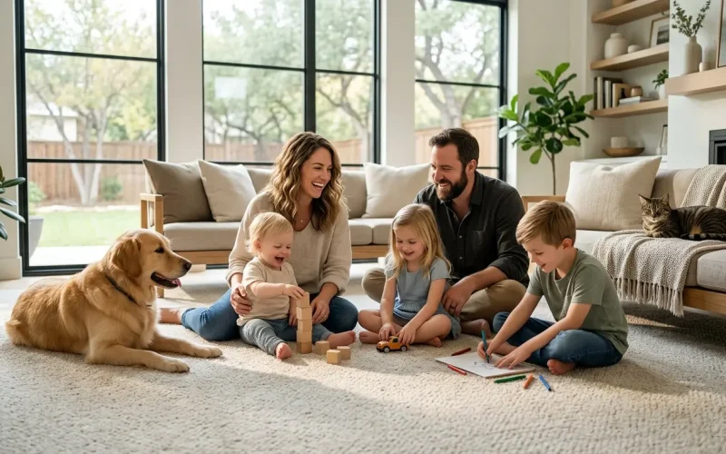 Happy family with children and pets enjoying a clean carpet in a bright living room in Austin TX
