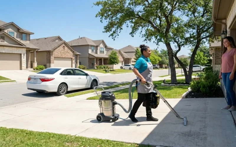 Professional carpet cleaning technician arriving at a residential home in Austin TX with equipment for driveway and carpet cleaning